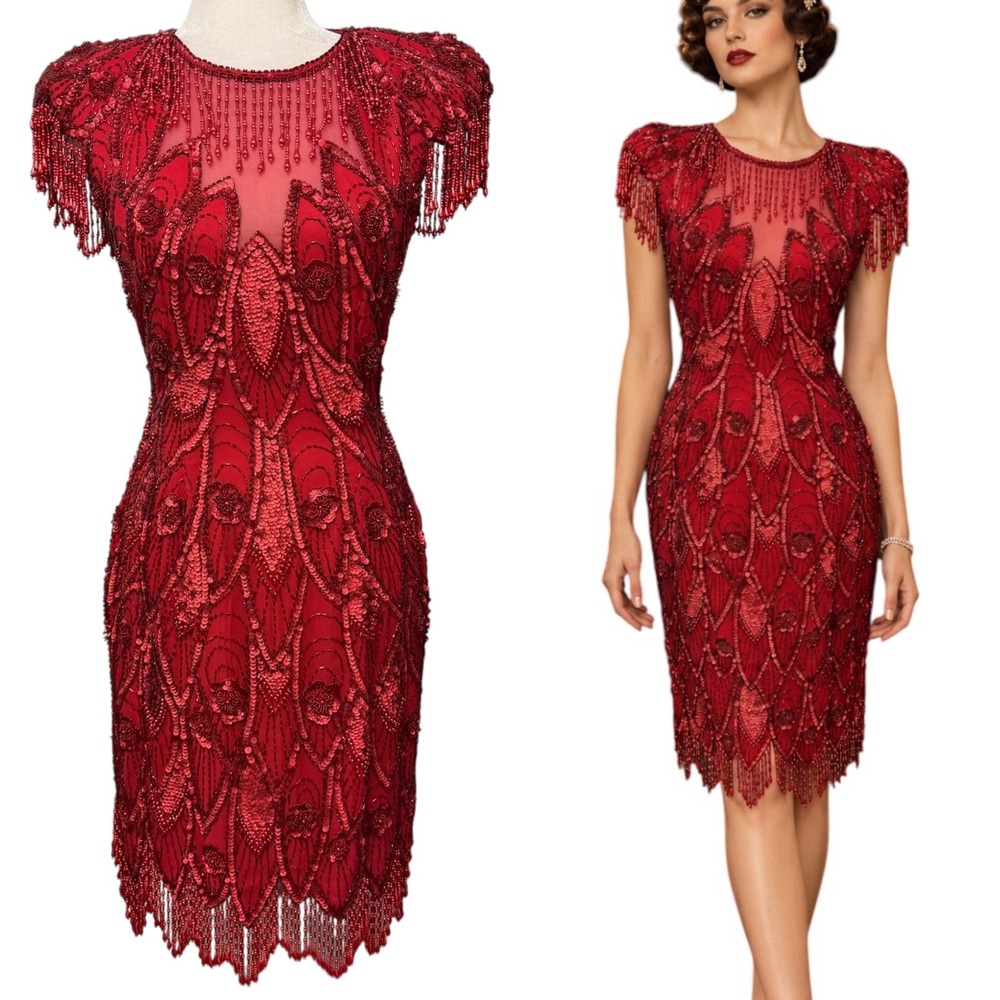 Vintage Flapper Dress Women 10 Red Silk Beaded Sequin Fringe 20s Gatsby Art Deco
